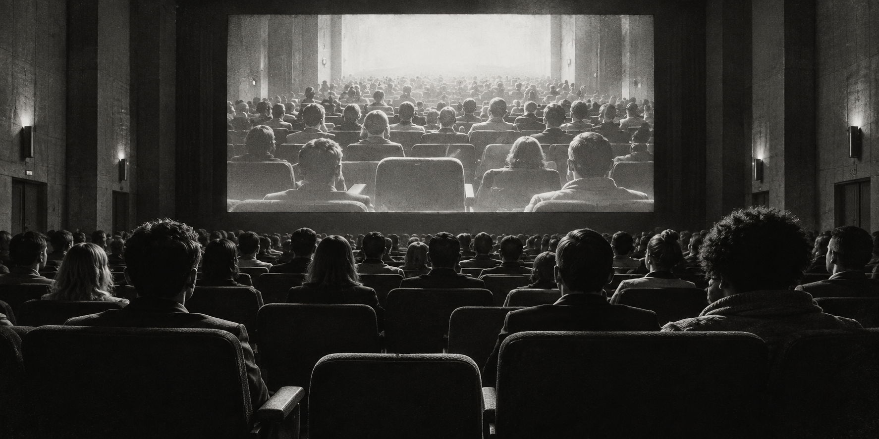 Plate 02: an auditorium audience watches its own image on a luminous screen.