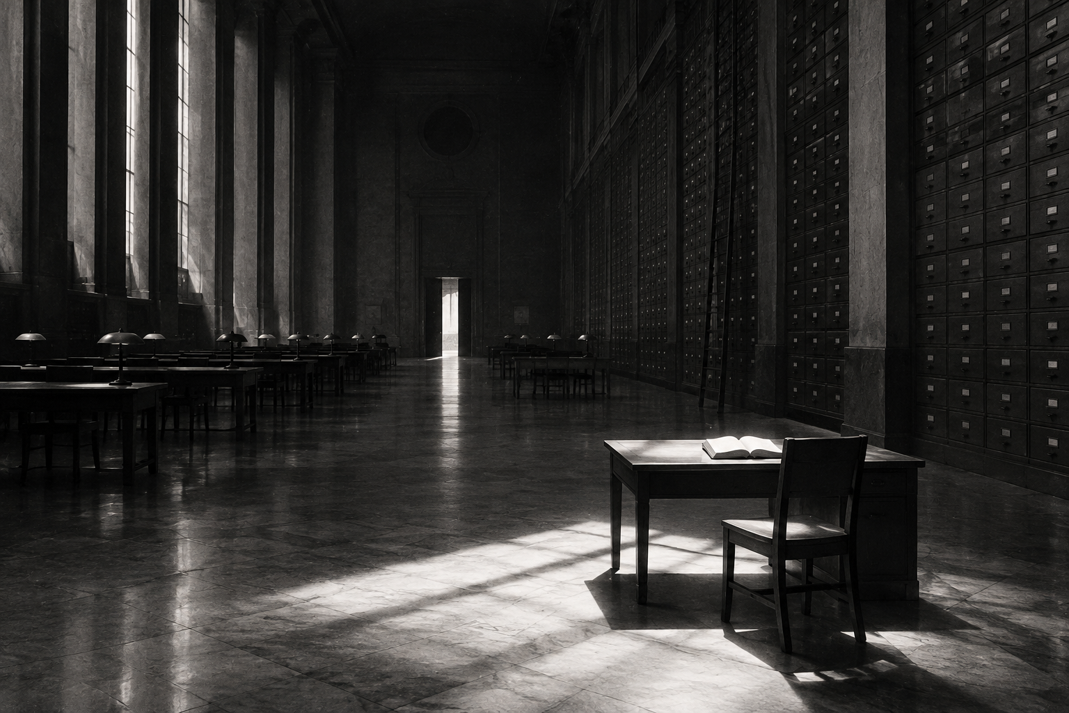 An empty reading desk, lit by a shaft of daylight, stands before an immense wall of archive drawers.