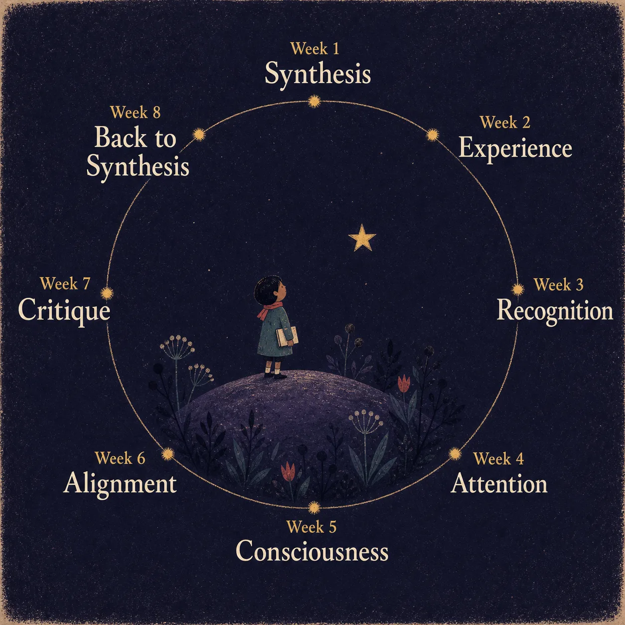 An indigo and gold circular course map links Synthesis, Experience, Recognition, Attention, Consciousness, Alignment, Critique, and Back to Synthesis, around a child with a notebook.