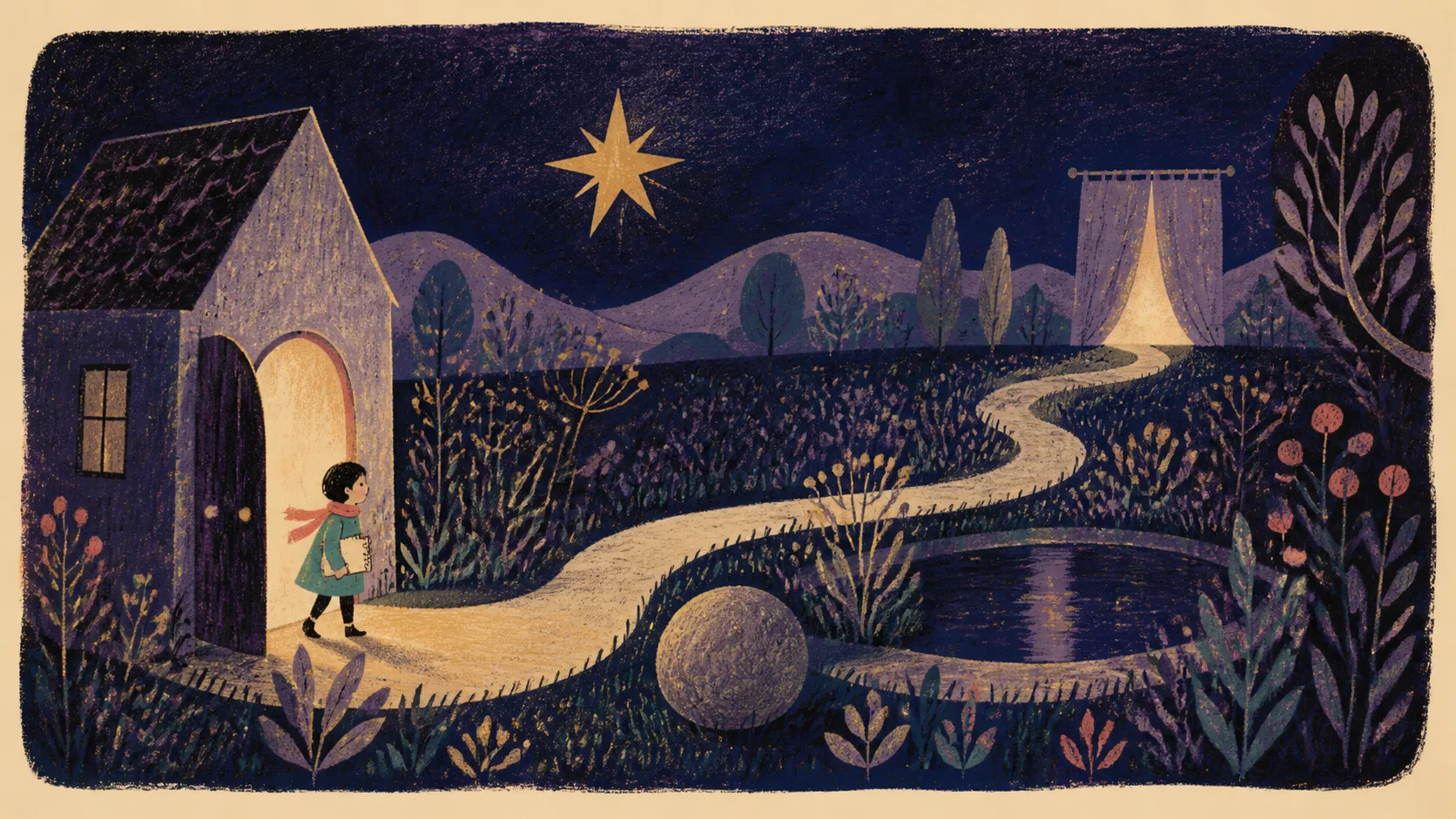 A small notebook-carrying child enters an indigo garden beneath a pale gold star.
