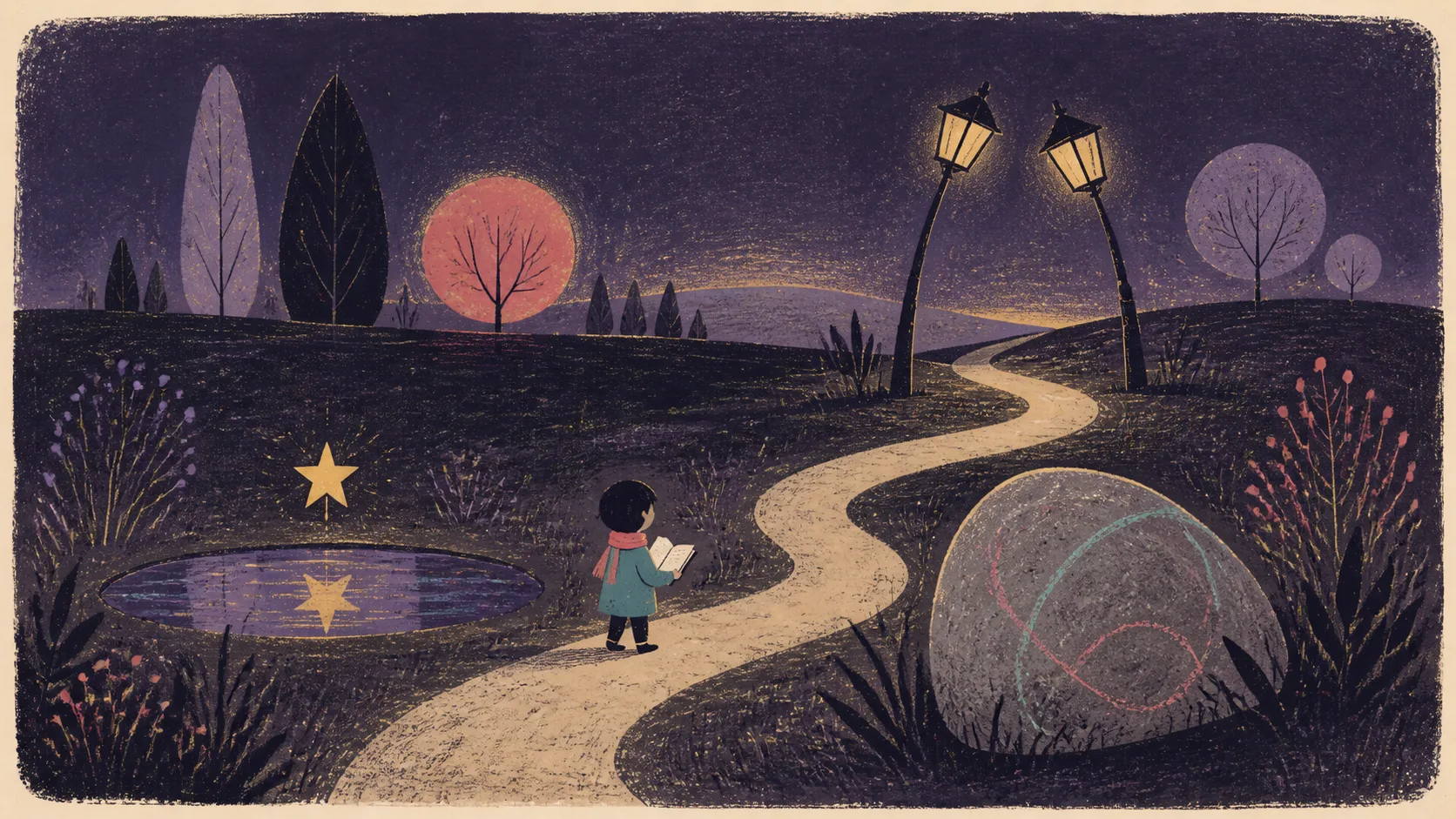 One garden path links a bright star, a stone with coloured traces, and two leaning lamps.