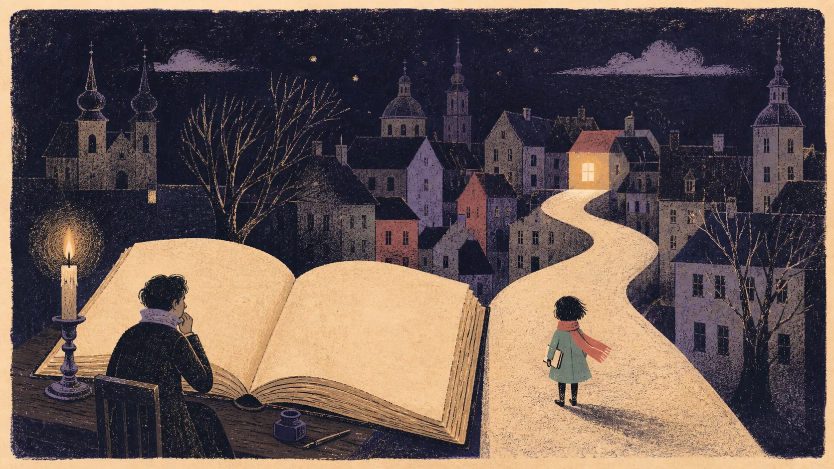 An open book becomes a path through a small early nineteenth-century town.