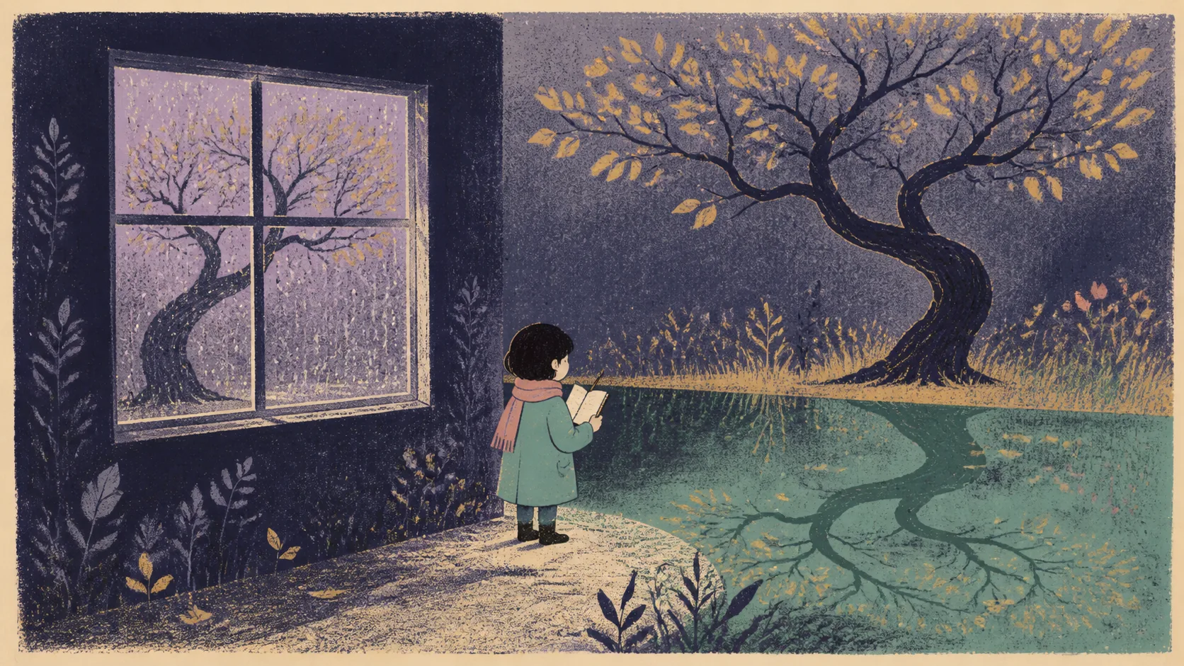 A single tree looks different through a window, a rain-covered pane and a still pond.