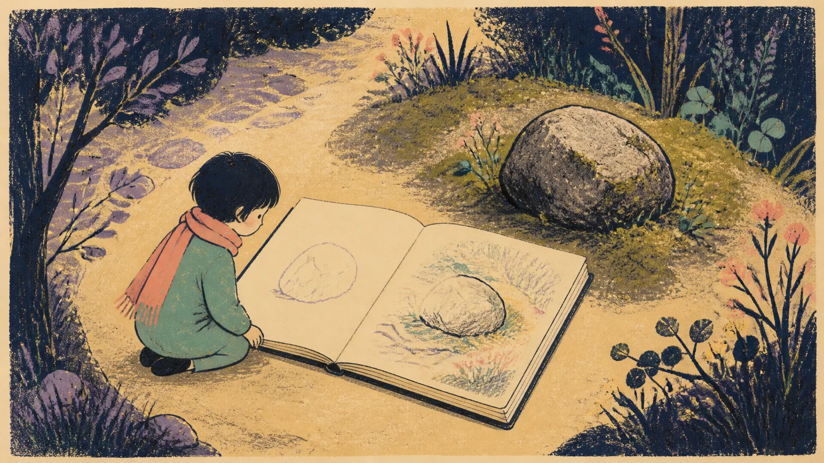 A child redraws a stone in a notebook as the garden’s outlines continue across the page.