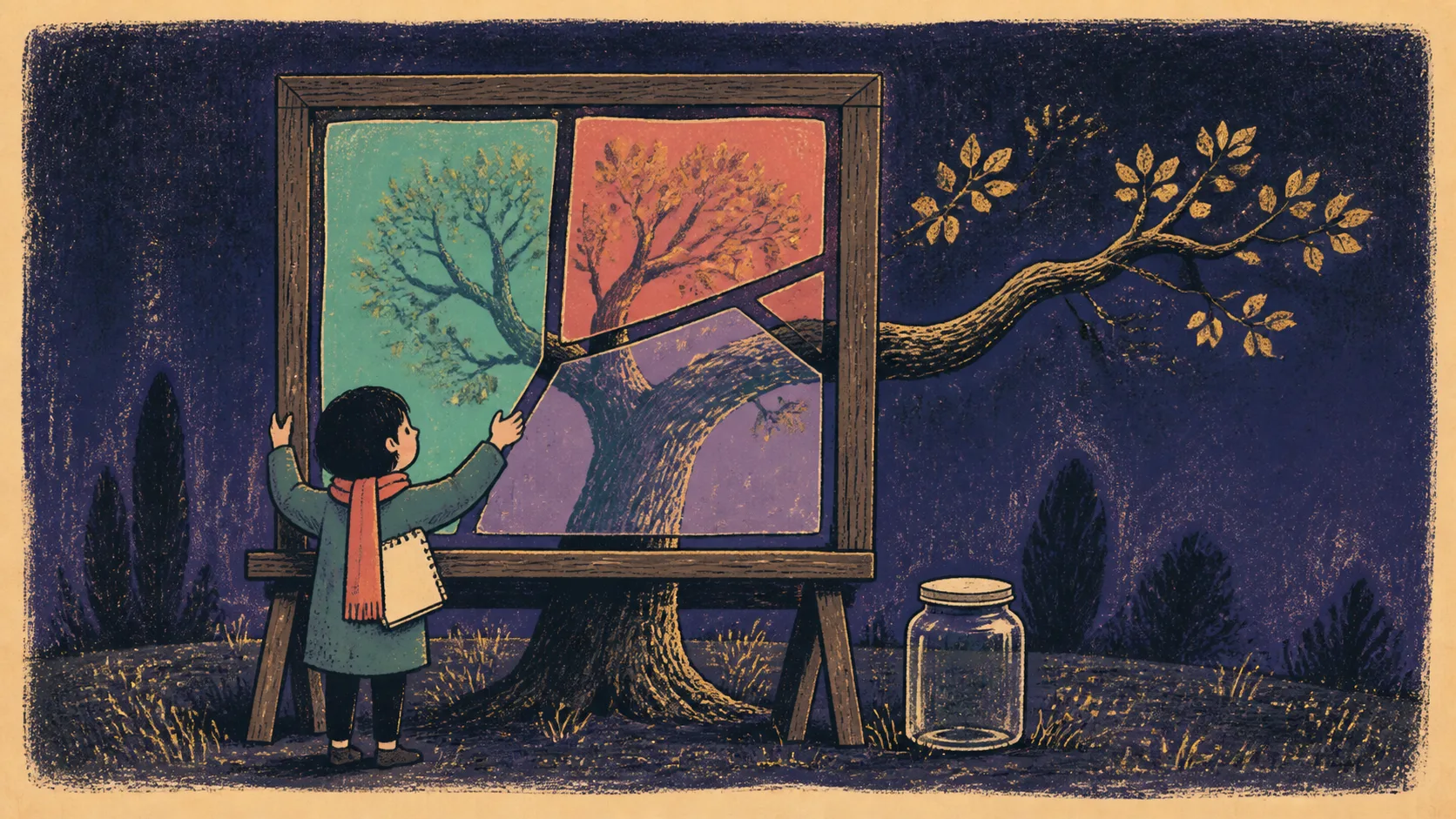 A child rearranges coloured panes while looking at a garden that resists the frame.