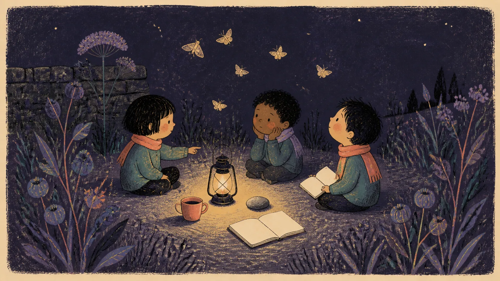 Three learners gather around a lantern, a cup, a stone and an open notebook.