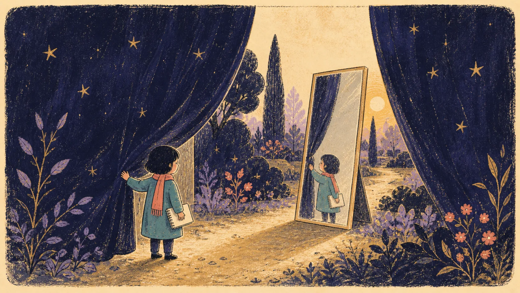 A child draws aside a star-patterned curtain and finds their own viewing position within the garden.