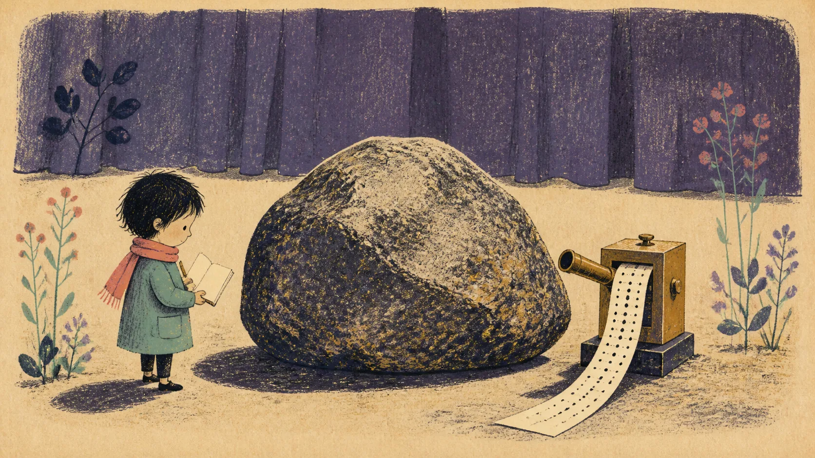 A learner and a small mechanical instrument attend to the same stone from different positions.