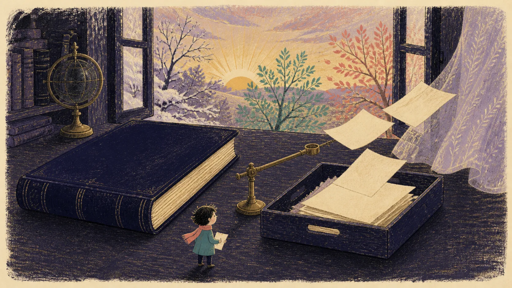 A bound book rests beside a changing window scene and a small tray of loose new pages.