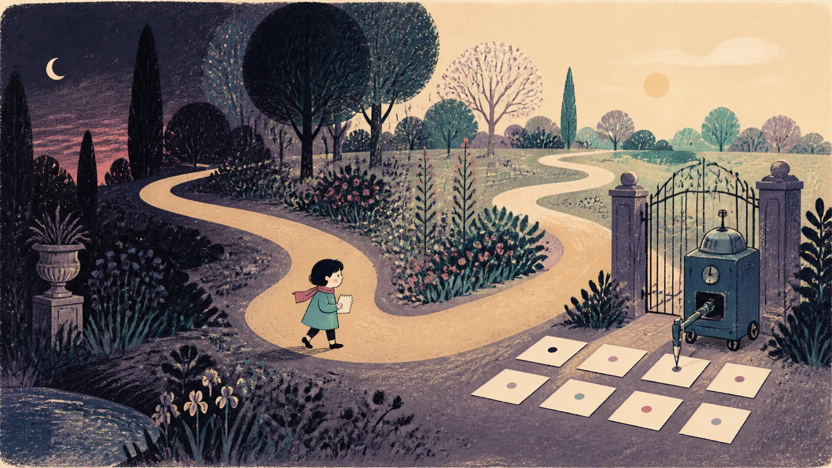 A child’s continuous walk passes a quiet instrument recording separate encounters.